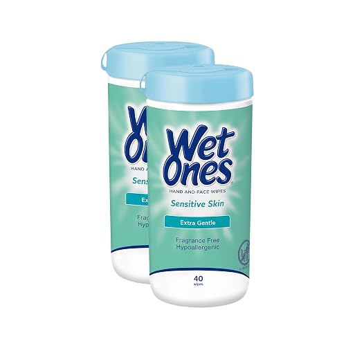 Wet Ones Hand and Face Wipes, Sensitive Skin, Unscented, Hand and Face, 40ct Canister, (Pack of 12)