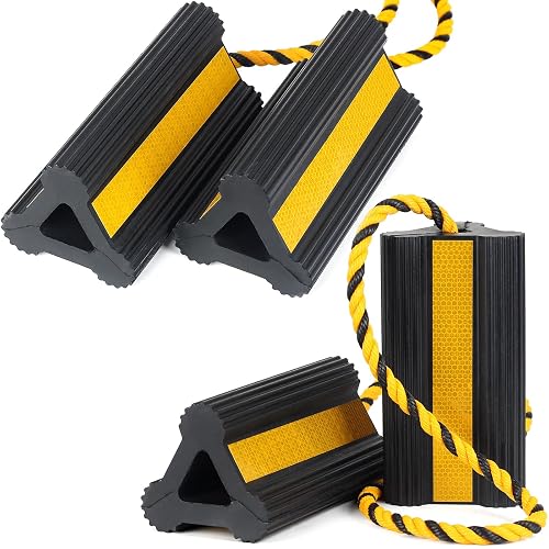 OULEME Heavy Duty Rubber Wheel Chocks with Rope & Reflective Strips | 8.3"x 4.4" x 4",Non-Slip Tire Stoppers for RV, Camper, Travel Trailer, Utility Boat, Aircraft,ATV, 2 Pr / 4 Pk