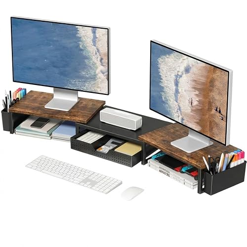 OPNICE Desk Organizers and Accessories, Dual Monitor Stand Riser with Drawer and 2 Pen Holders, Desk Shelf Computer Racks & Printer Stand for Office Workspace Organizers, Desktop Organization (Rustic Brown)