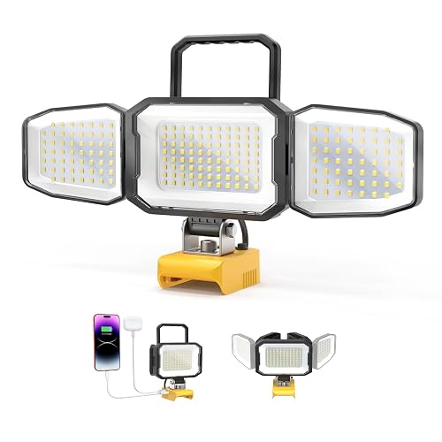 LED Work Light Compatible with DeWalt 20V Battery, 150W 15000LM | Tool Only,Flood Light, 6500K Daylight 3-Head Adjustable, USB Type-C&2 Brightness Modes Portable Flashlight Job Site Light