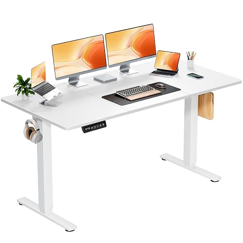 DUMOS 63 Inch Electric Standing Desk, Memory Adjustable Home Office Desk | Sit Stand Up Desk for Work Home Office,Adjustable Desk, Rising Computer Table with Splice Board,Cable Management,Hook,White