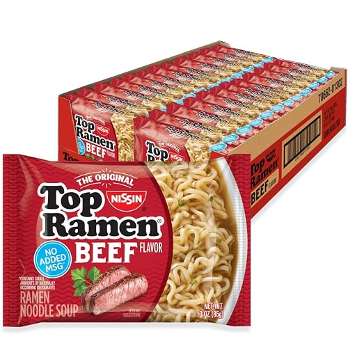 Nissin Top Ramen Noodle Soup, Beef, 3 Ounce (Pack of 24) | Quick, convenient meal ready in minutes with just hot water.