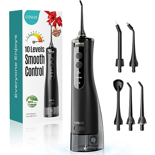 COSLUS ADA Accepted E40 Water Dental Flosser, 10 Pressure Levels, Black Pro | Easy to Use, Professional Water Dental Pick, Safe for Orthodontic, Braces & Sensitive Teeth Gums, Cordless for Travel, Family