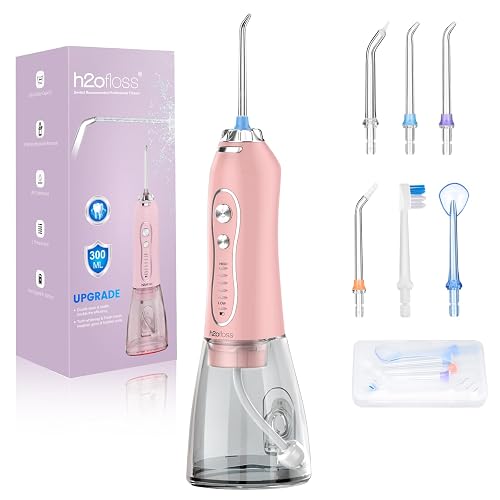 Water Dental Flosser Teeth Cleaner Pick, H2ofloss Cordless Portable Oral Irrigator,5 Mode IPX7 Waterproof Teeth Picks 300ML Rechargeable WaterFlosser for Home Travel (Pink)