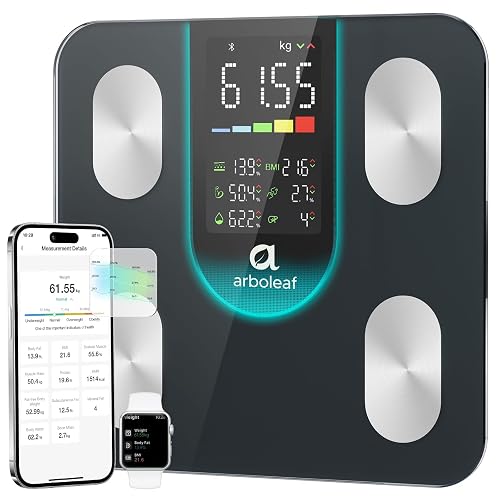 Arboleaf Smart Scale for Body Weight and Fat, 14 Metrics in App, Black | High-Precision Digital Bathroom Scale with 4-Electrode BIA for BMI Body Fat Muscle Mass, 7-in-1 Display Trend Tracking,11×11″
