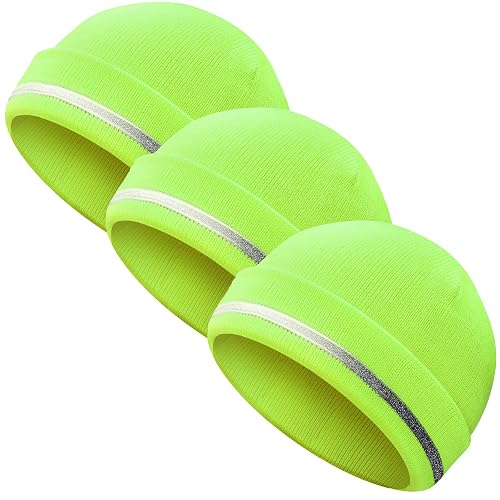 Sintege 3 Pcs Reflective Beanie | High Visibility Safety Hat with Reflective Stripe, Warm Knitted Winter Cap for Outdoor Work, Construction, Night Cycle