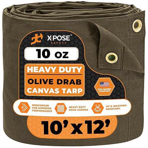 Xpose Safety Canvas Tarp - 10oz Olive Drab Canvas Tarps Heavy Duty Water Resistant with Brass Grommets- Multipurpose Outdoor Tarpaulin for Camping, Canopy, Trailer, Equipment Cover 10' x 12'
