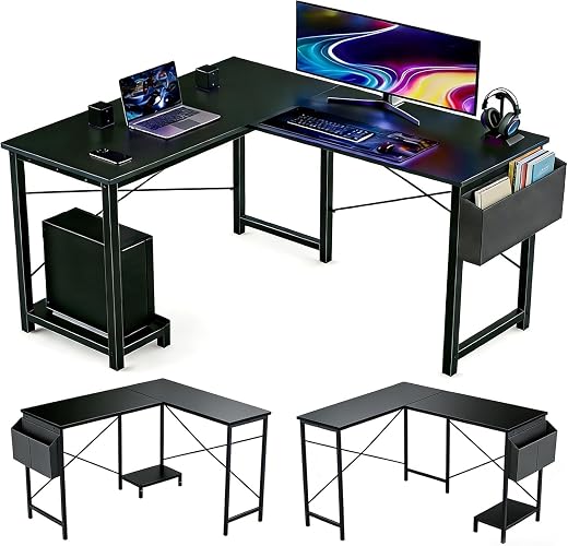 Sagenest L Shaped Desk, 50 Inch Reversible Computer Desk Corner Gaming Table with CPU Stand & Storage Bag, Sturdy Metal Frame PC Workstation for Home Office, Black Wood