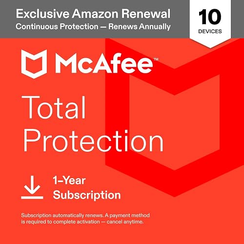 McAfee Total Protection 2027 Antivirus Software, 10+ Devices | Auto-Renews | Exclusive Amazon renewal includes VPN, text, email and video scam protection, identity monitoring and password manager
