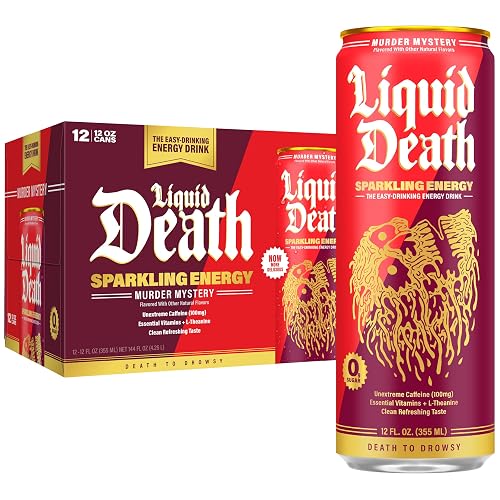 Liquid Death Sparkling Energy - Murder Mystery (Cherry, Cream, Spice), Zero Sugar Energy Drink, Unextreme Caffeine 100mg, Essential Vitamins, 12 Fl Oz (Pack of 12)