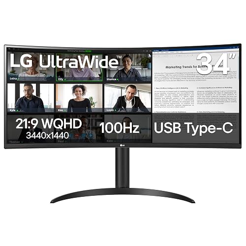 LG 34WR55QK-B 34-inch UltraWide WQHD (3440 x 1440) Curved Computer Monitor, 100Hz, 5ms, HDR10, Reader Mode, HDMI, DisplayPort, USB Type-C, Tilt/Height Adjustable Stand, Black