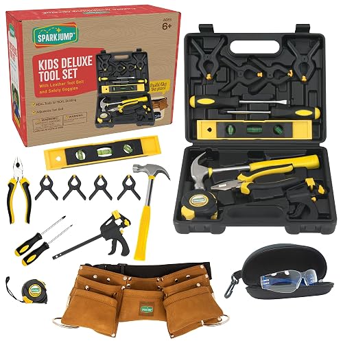 Sparkjump Deluxe Kids Tool Set | Real Tools with Tool Belt & Tool Box, Beginner Tool Kit for Boys & Girls Ages 6 & Up, Brown Ultimate Tool Set