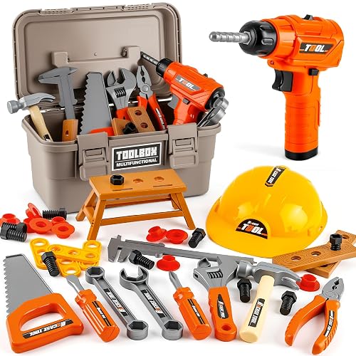 Portable Tool Box Toy Kids Tool Set 46PCS with Kid Drill & Helmet, Toddler Tool Box Construction Kit, STEM Creativity Toys for Boys Girls Ages 3-6, Montessori Play Toolbox with Drill Set Gift Ideas