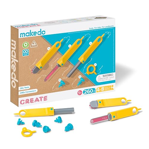Makedo Create | Cardboard Construction Tool Kit, Small Toolbox, 260 Pieces | Screen-Free STEM + STEAM Educational Toy | Safe, Reusable Cardboard Tools for Home Play and Classroom Learning | Kids Age 5+