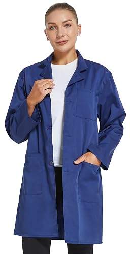 VOGRYE Womens Medical Lab Coat Three Pocket Long Sleeve Button Front White | Polyester blend machine washable long sleeves button front and three pockets for classroom laboratory and workwear
