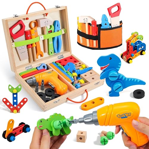 Phobby Wooden Tool Set with Drill & Belt Toy for Kids Ages 2 3 4 5 6, 60Pcs | Safe Water-Based Paint, Hands-On Building Pretend Play, Portable Carry Toolbox, Birthday Party Gift for Toddlers Boys Girls