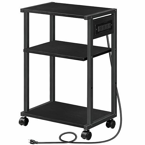 HOOBRO Industrial Printer Stand with Charging Station, 3-Tier Printer Table, Rolling Printer Cart with Adjustable Shelf and Hook, Black BB28UPS01