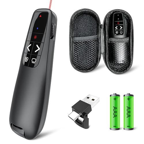 Presentation Clicker with Case, Wireless Presenter Remote & Red Laser | 2‑in‑1 USB/Type C Receiver, Slideshow Google Slide Advancer, Computer PowerPoint PPT Clicker for Mac/Windows Laptop