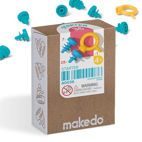 Makedo Starter | Cardboard Construction Starter Pack, 36 Pieces, Age 4+ | Safe First Cardboard Construction Set with Scru and Scru+ Mix | Screen-Free STEM + STEAM Educational Toy for Kids Age 4+