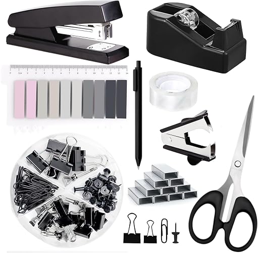 Office Supplies,Black Desk Accessories,Office Supplies Set,Stapler and Tape Dispenser Set,Scissors,Staple Remover,Binder Clips,Staples,Ballpoint Pen,Index Tabs with Ruler,Clear Tape.9pcs for Office
