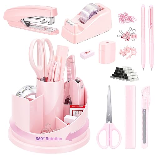 deli Pink Office Supplies Set with Pencil Holder for Desk, 13 PCS | 360° Rotating Desk Organizer with Stapler, Tape Dispenser & Scissors - 7 Compartments for Home Office, School, Dorm, Vanity