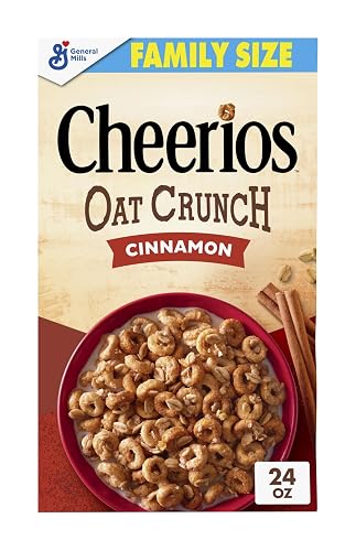 Cheerios Oat Crunch Cinnamon Cereal, Whole Grain, Family Size, 24 oz | Real Cinnamon Multigrain Os, Crunchy Oat Topping, 31g Whole Grain, Helps Keep You Full, Great for Trail Mix