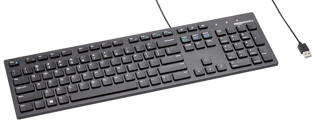 Amazon Basics Wired QWERTY Keyboard, Works with Windows, Plug and Play, Easy to Use with Media Control, Full-Sized, Black