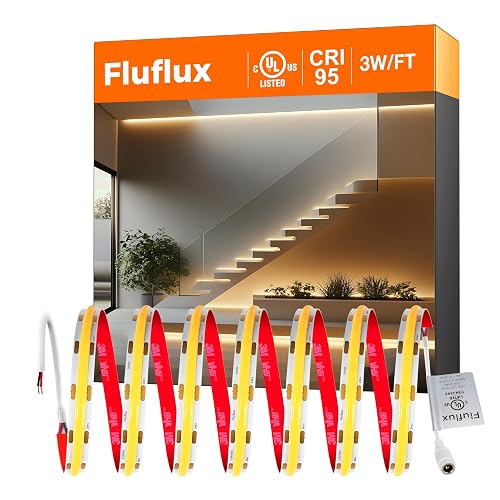 FluFlux 3000K COB LED Strip Lights Warm White, 24V DC Premium Tape Light with Strong 3M VHB Tape, CRI 95, UL Listed, Cuttable, Dimmable, for Panels, Artwork, Highlighting (NO Power Supply)