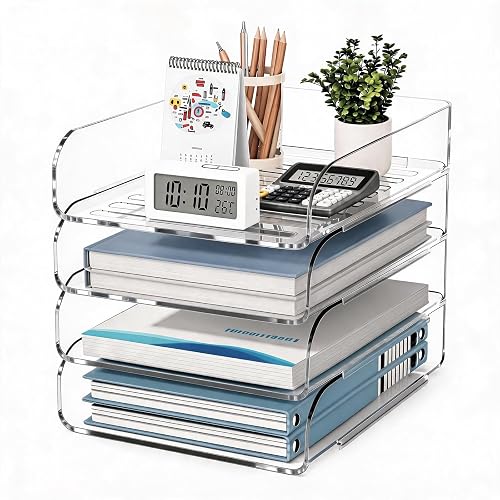 HIYOHIYO Clear Office Desk Organizer for A4 Letter Paper, 4-Tier Vertical | Stackable | Large Capacity | Sturdy Office Desktop Organizer for File Folder, Stable Home Desk Paper Holder and Storage