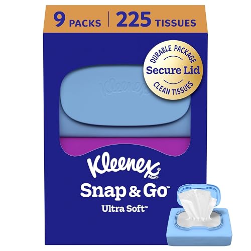 Kleenex Snap & Go Ultra Soft Facial Tissues, 9 Packs, 25 Tissues per Pack | 3-Ply, Travel Tissues, Portable Tissues, Convenient, Durable, Snap Lid, Compact
