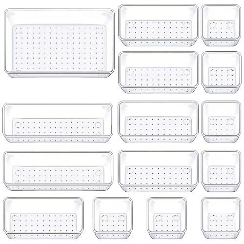 Manalete 15 Pcs Clear Plastic Drawer Organizer, Makeup & Vanity Organizer | 4-Size Versatile Desk Organizer & Storage Bins for Kitchen, Bathroom, Office, Jewelries, Easy Clean, Stackable, BPA-Free