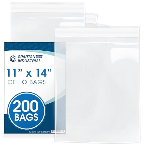 11" X 14" Self-Sealing Cellophane Bags (200 Count) Clear Poly Packaging | for Clothing, Prints, Photos, Documents - Reinforced Resealable Cello Bags for Small Business Shipping - Spartan Industrial