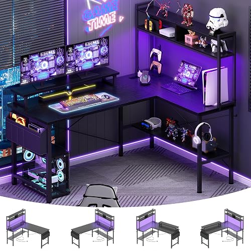 Aheaplus L Shaped Gaming Desk with Power Outlets & LED Lights, Black | Small L- Shaped Desk Computer Corner Desk with Monitor Stand & Shelf, Home Office Desk Writing Desk with Storage Bag & Hooks