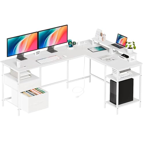 DUMOS 62” L Shaped Desk with Drawers and Power Outlet, White | Reversible Computer Desk with 2 Monitor Stands and Storage Shelves, Office Desk for Gaming, Writing and Studying