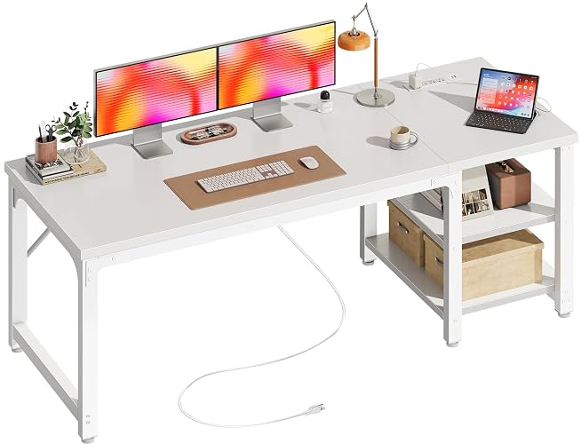 Huuger 55'' x 19.7'' Computer Desk with Power Outlets, 0.95'' Thick Desktop | Office Desk with Storage Shelves, Wide & Deep Desk for Work from Home, Writing Study Gaming Table, Heavy Duty, White
