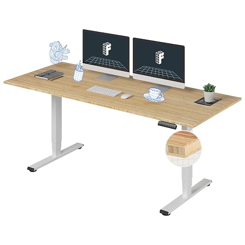 FlexiSpot E6 Bamboo 3-Stage Dual Motor 72 x 30 Electric Standing Desk Sit Stand Up Desk, Holds 220 lbs, Adjustable Height w/ Memory Presets, Solid Bamboo Desktop & White Frame, Ships in 2 Boxes