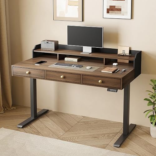 ModernMate Electric Standing Desk with 3 Drawers & Monitor Shelf | 47.2 x 26 Inch Height Adjustable Standing Desk, Sit Stand Desk with Storage, 176 Lbs Capacity, Home Office, Black Walnut