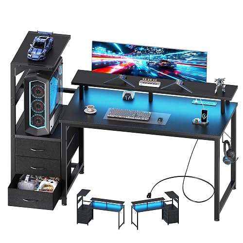DUMOS 52” Reversible Gaming Computer Desk with Drawers and Power Outlet | Gamer Table with Side Hook LED Lights and Monitor Stand for Home Office Small Space Fits PC Towers, Black
