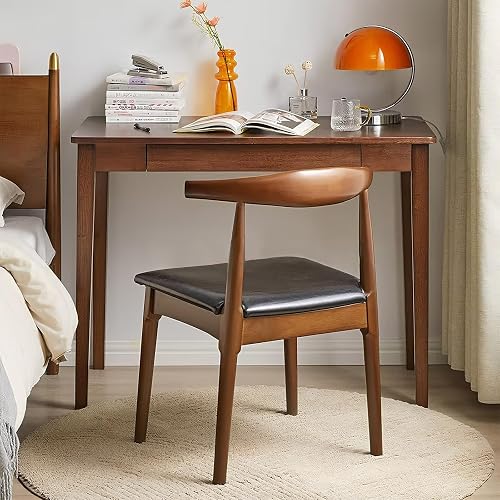Cttasty Solid Wood Computer Desk with Drawers, Modern Writing Desk for Home Office, Mid Century Modern Desk, Oak Study Table, 35.4x19.9x29.5 inches (Single Drawer), Walnut