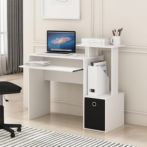Furinno Econ Desk, 40-in Wide Gaming Desk with Keyboard Tray, Plain White | Computer Desk, Office Desk with Side Shelves and Storage Bin for Home Office