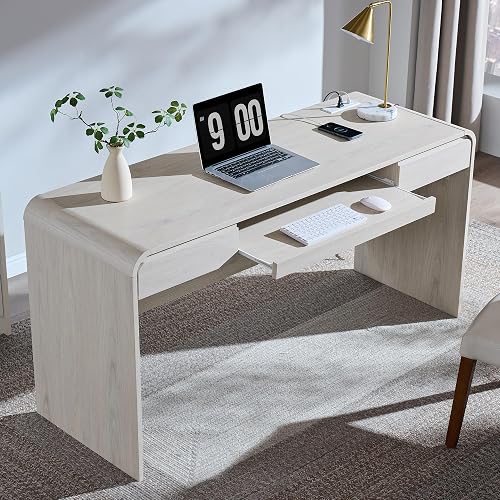 ALLTUFO 63" Modern Computer Desk with 2 Drawers, Wood Curved (Cream) | Executive Desk with Keyboard Tray & Power Outlet, Writing Desks with Storage for Home Office, Study Room, Living Room