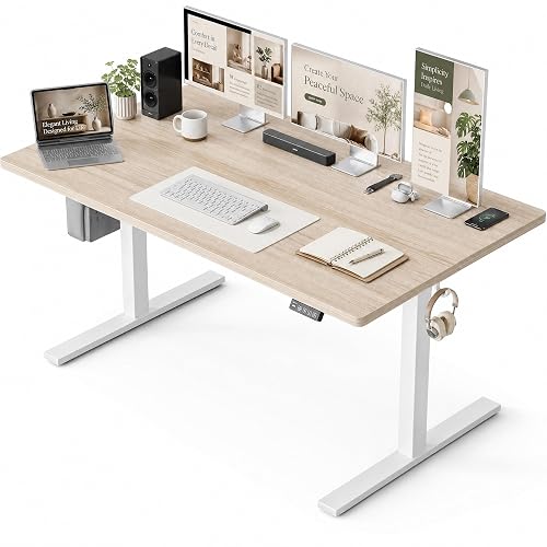 Grandder 55x32 Large Electric Standing Desk, Height Adjustable Computer Desk with 2 Memory Presets, 31.5" Deep Desktop Sit Stand Desk Home Office Desk Workstation Table with Hooks, Light Walnut