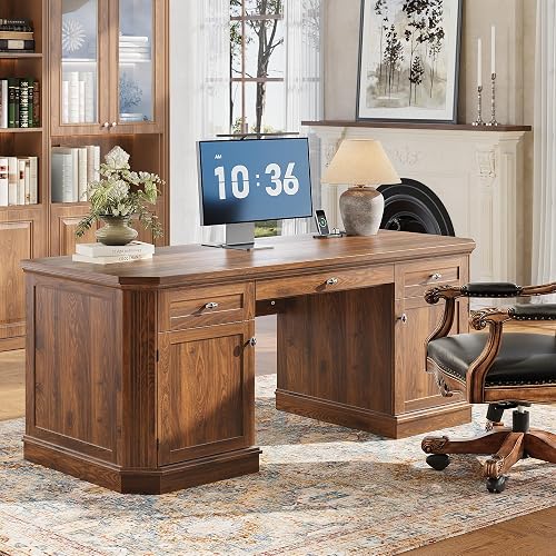 AMBERHAUS 59" Classic Executive Desk with Storage, Victorian Executive Desk with Charging Station, Keyboard Tray, 3 Drawers & 2 Cabinet Storage & 2 Pedestals, Easy Assembly, Dark Walnut
