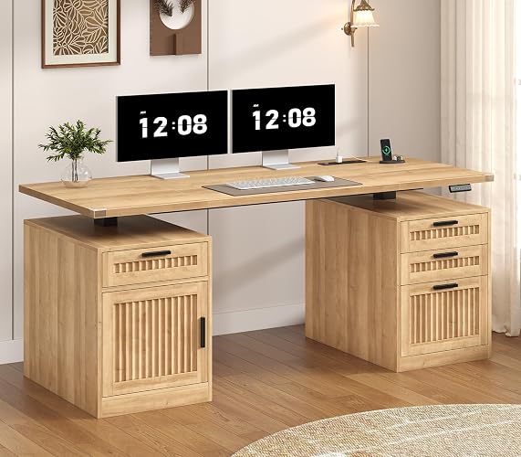 60" Fluted Electric Standing Desk with Drawers for Home Office, Oak | Height Adjustable Computer Desk with 4 Drawers & Storage Shelves, Wood Sit Stand Desk with Power Outlets for Work, Study