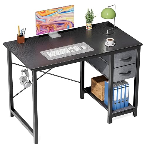 Sweetcrispy 40-Inch Computer Desk with Drawers, Office Desk, Black | Small Desk for Bedroom Home Office with Side Hook, Modern Simple Desk with Storage for Writing