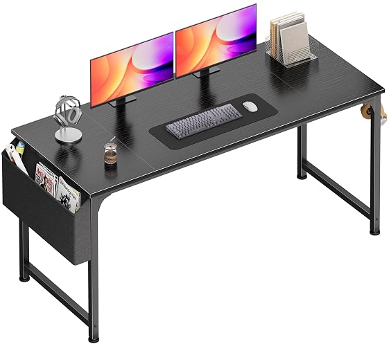 PRAISUN 55''  Computer Desk with Fabric Storage Bag & 2 Hooks | Office Desk with Durable Desktop, Large Gaming Desk, Writing Work Study Desk for Bedroom, Home Office, Black