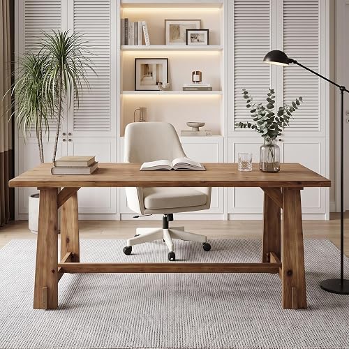 LITTLE TREE 63" Long Large Wood Desks, Farmhouse Office Desk | Solid Wood Executive Computer Desk, Large Work Writing Table, Rustic Brown Business Furniture for Home