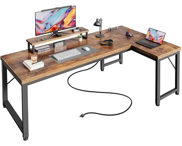 PRAISUN 61" L Shaped Computer Desk, Outlets, Monitor Stand, Rustic Brown | USB-C Ports, Reversible Charging Station, Spacious Desktop & Legroom, 0.94 Inch Thick Desktop, for Gaming, Study & Work