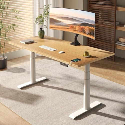 FLEXISPOT E6 Pro Large 60" x 30" Organic Modern Bamboo Standing Desk, Electric Dual Motor 3-Stage Height Adjustable Desk with Oval Legs, Heavy Duty 330lbs, Bamboo Desktop, White Frame