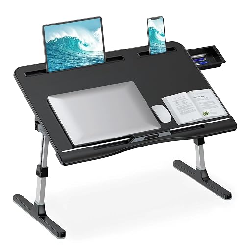 HETTHI Bed Laptop Table Adjustable Foldable Laptop Stand 23.60×15.7in Black | Stable Aluminum Frame, Storage Drawer & Tablet Slot, Portable Laptop Stand for Working Eating Reading on Bed Sofa Floor